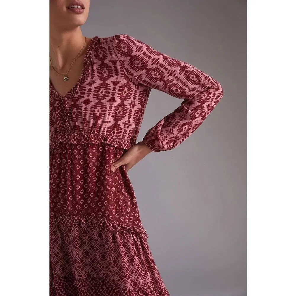 Anthropologie Tiered V-Neck Mini Dress Size XS. B-4 - Picture 2 of 7